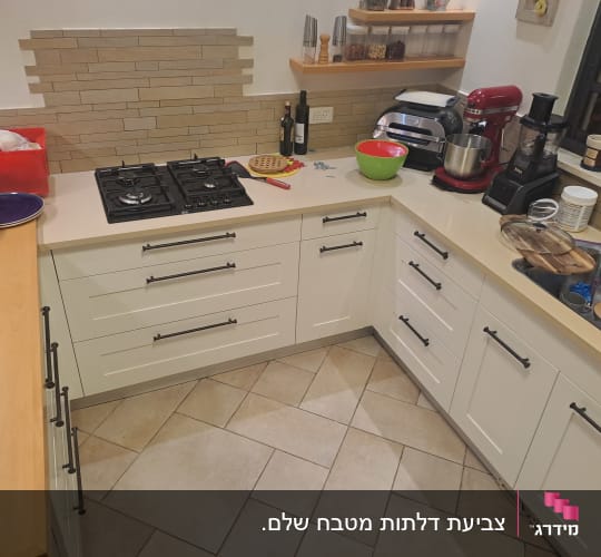 מטבח עם מכשירי חשמל, כיור וכיריים